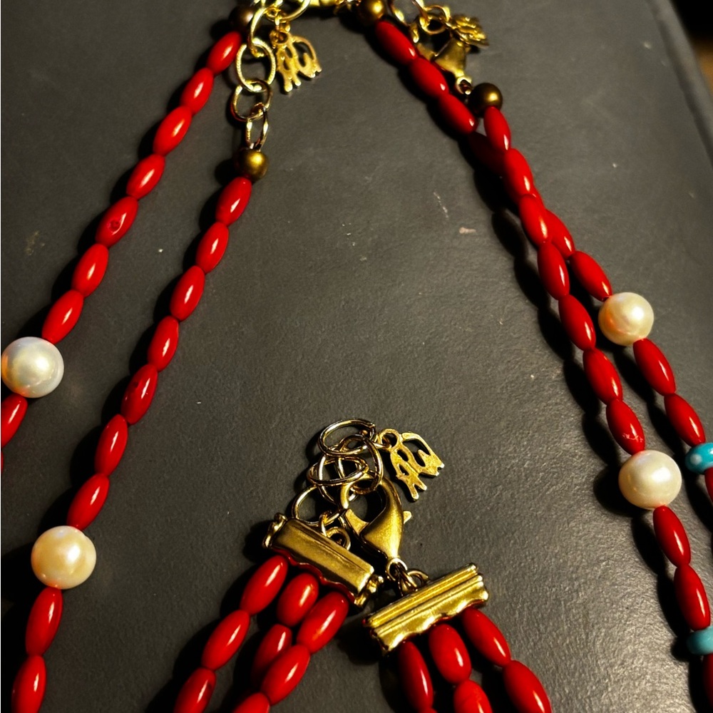 American West Red coral and cultured pearl Necklaces and Bracelet Set - Picture 3 of 4